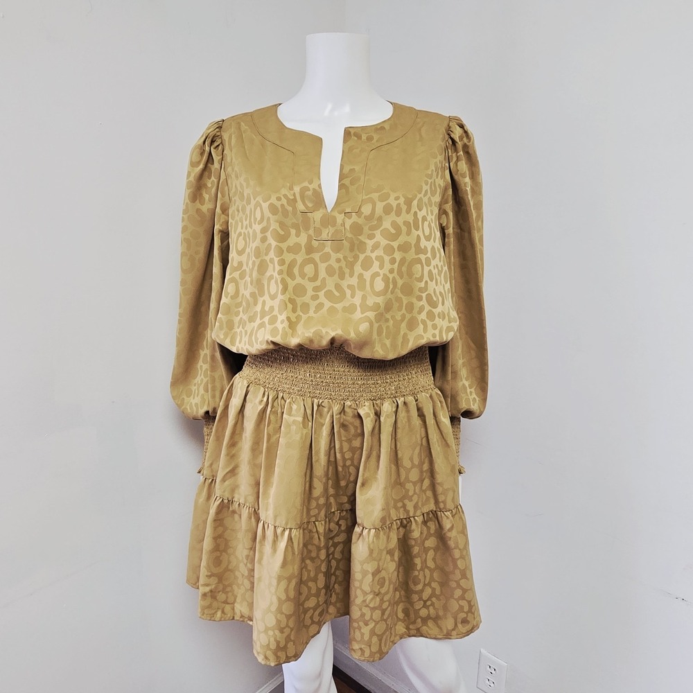 Emily McCarthy Penelope Dress Size L Camel Cheetah Animal Print Puff Sleeve NWT